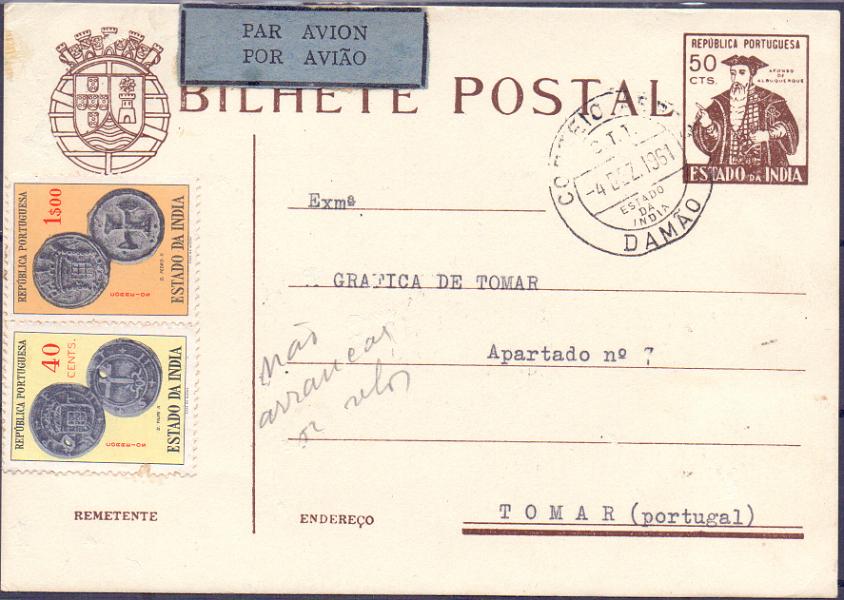 0298 f.jpg -     Lote:    298 (frente)            Índia       Descrição:         1960 &mdash; Afonso de Albuquerque, com valor em centavos. OM45, $50. Circulado por via aérea de Damão (04.12.61) para Tomar, com selos adicionais CE484, 509 e 513. MB.        IC       Valor Base:     &euro; 15,00     Valor Venda:     &euro; 16,00     